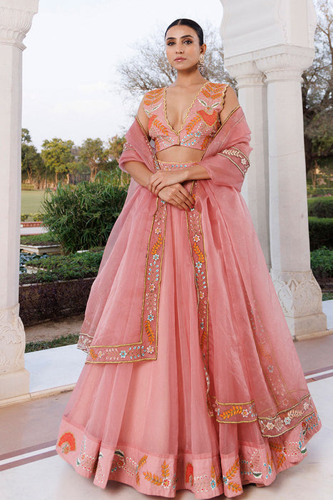 Peach Fuzz Embroidered Organza Lehenga Set