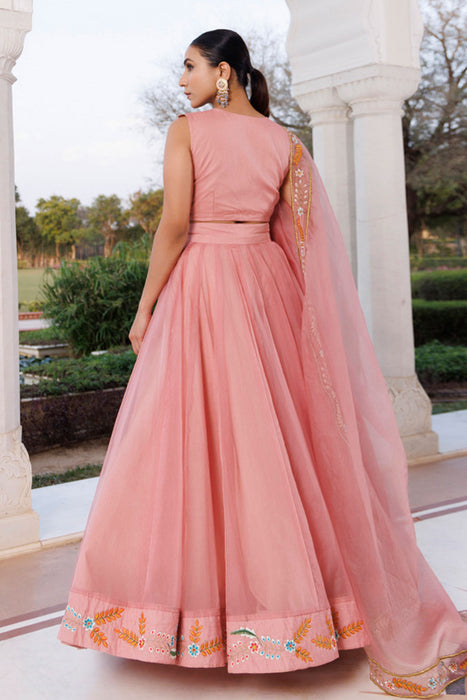 Peach Fuzz Embroidered Organza Lehenga Set