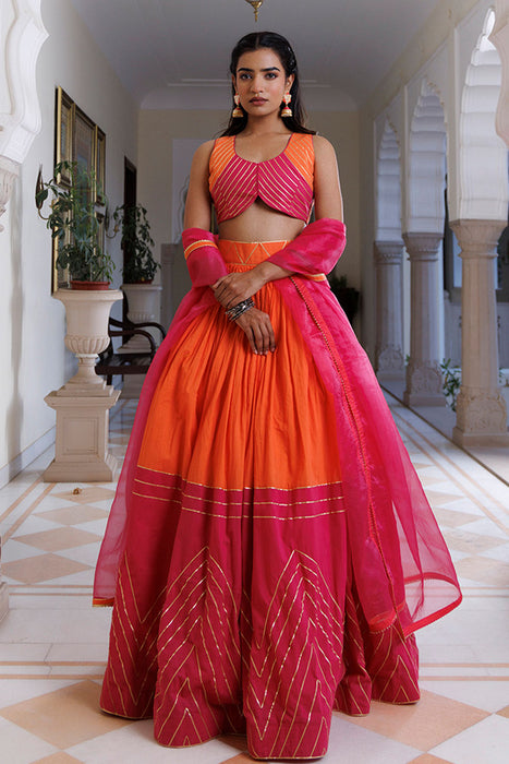Pink Lemonade and Orange Cotton Lehenga Set