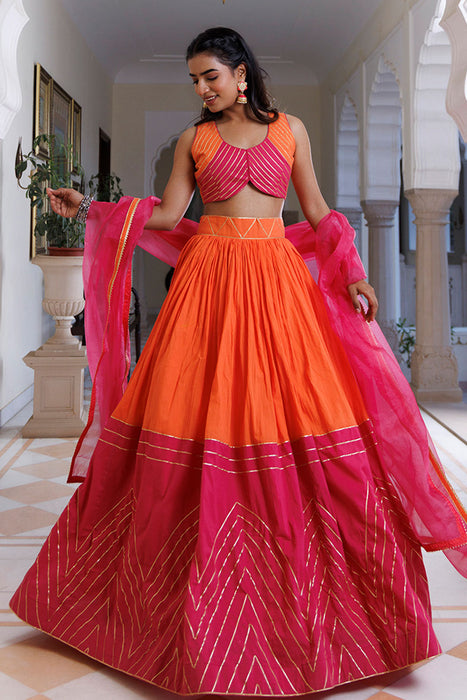 Pink Lemonade and Orange Cotton Lehenga Set