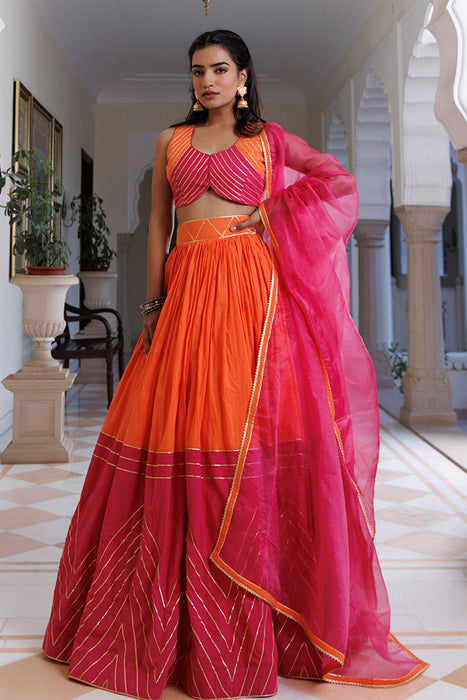 Pink Lemonade and Orange Cotton Lehenga Set