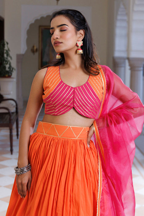 Pink Lemonade and Orange Cotton Lehenga Set