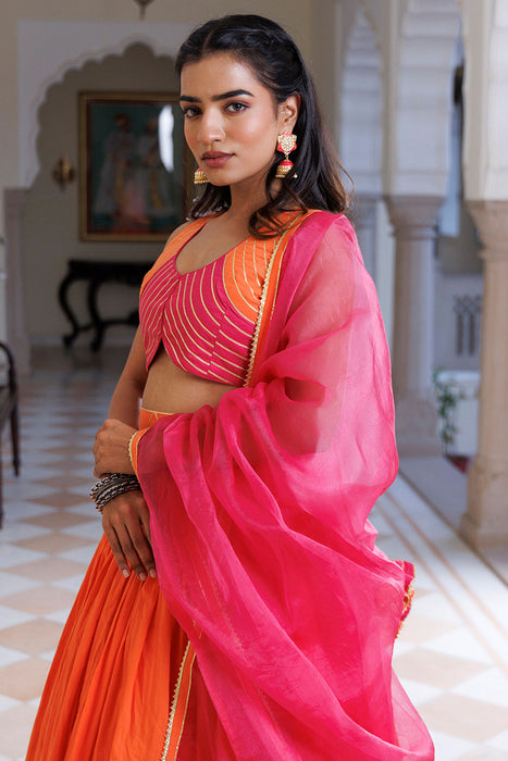 Pink Lemonade and Orange Cotton Lehenga Set