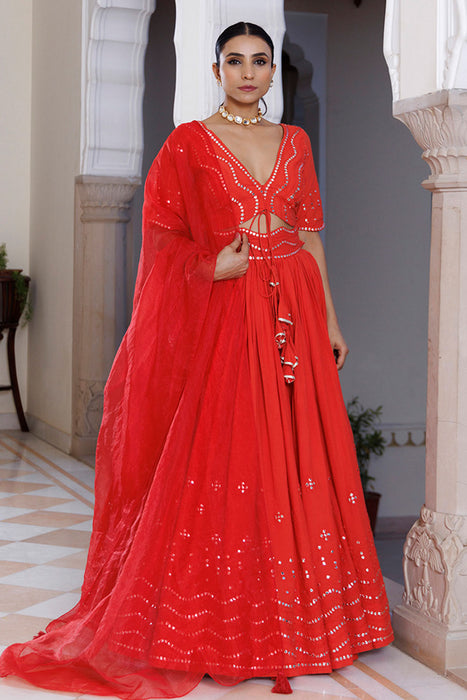 Red Cherry Mirror Work Embroidered Cotton Lehenga Set