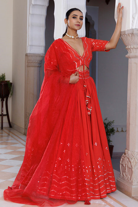 Red Cherry Mirror Work Embroidered Cotton Lehenga Set