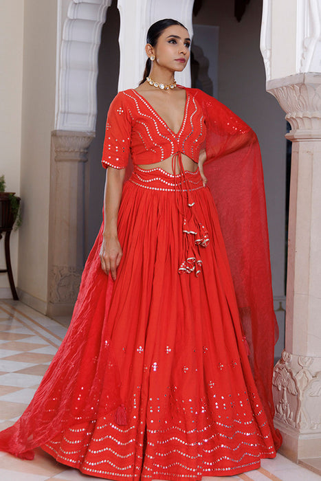 Red Cherry Mirror Work Embroidered Cotton Lehenga Set