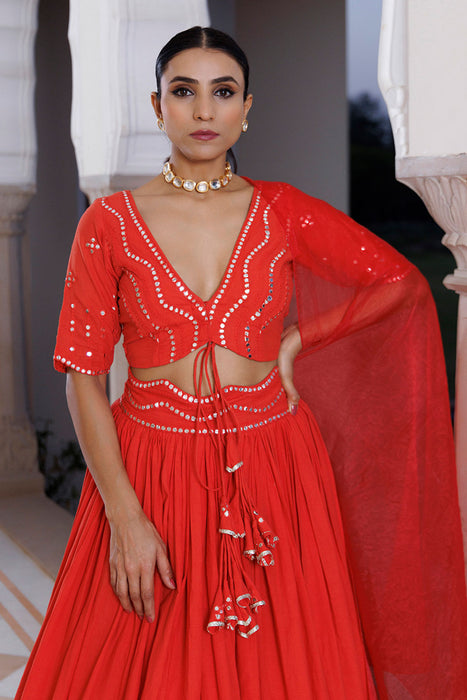 Red Cherry Mirror Work Embroidered Cotton Lehenga Set