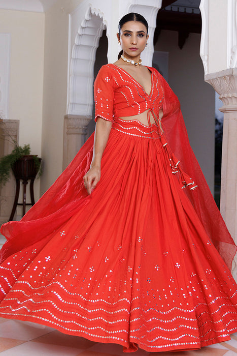 Red Cherry Mirror Work Embroidered Cotton Lehenga Set