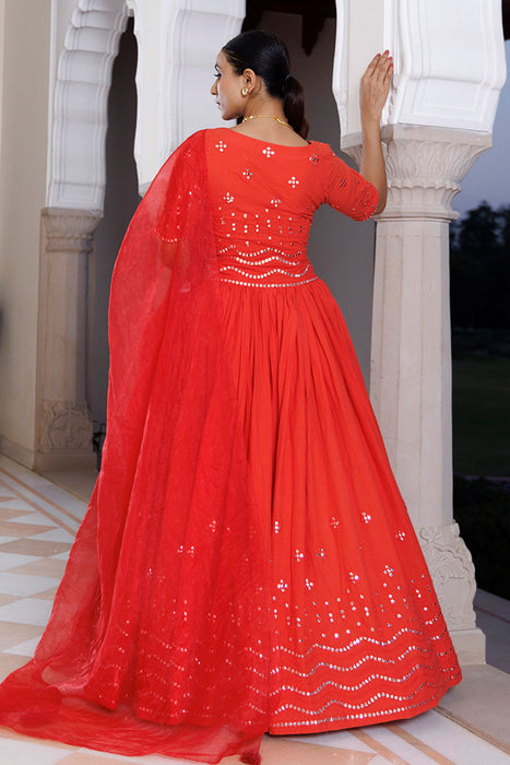 Red Cherry Mirror Work Embroidered Cotton Lehenga Set