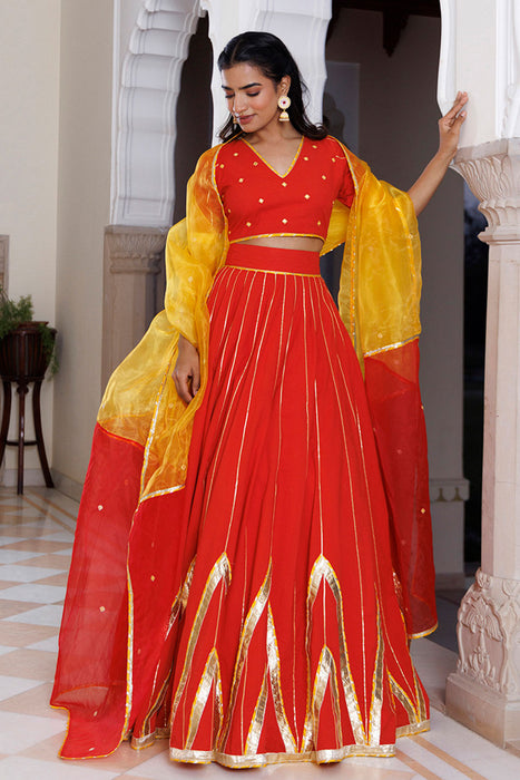 Red Alert and Yellow Cotton Lehenga Set