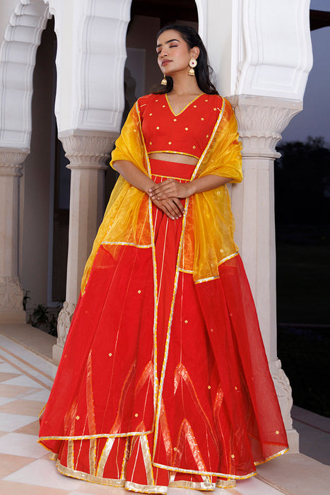 Red Alert and Yellow Cotton Lehenga Set