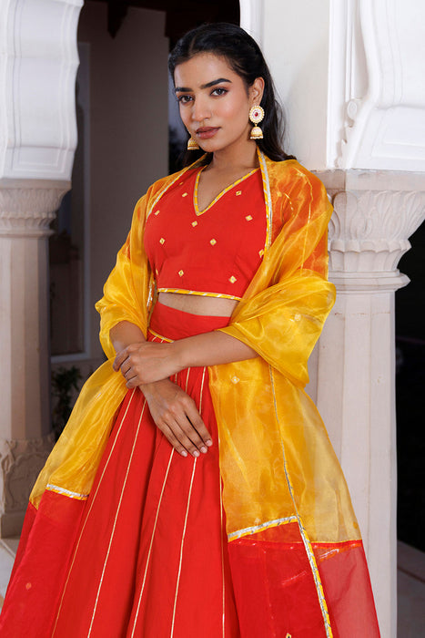 Red Alert and Yellow Cotton Lehenga Set