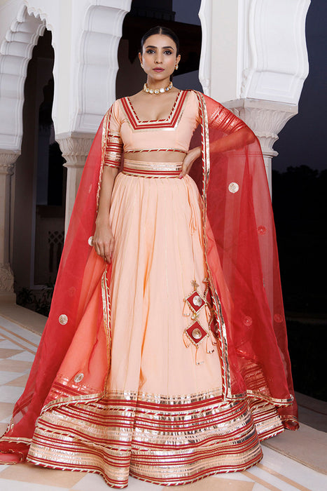Vanilla Pink and Red Cotton Lehenga Set
