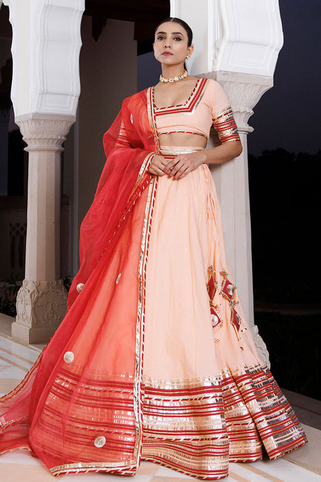 Vanilla Pink and Red Cotton Lehenga Set