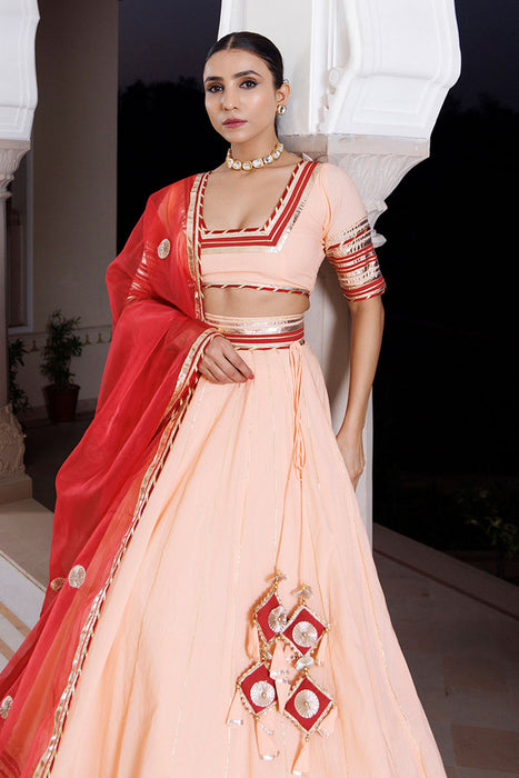 Vanilla Pink and Red Cotton Lehenga Set