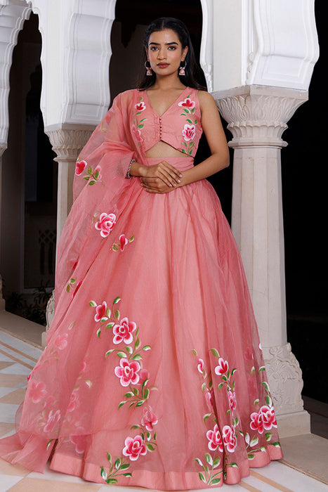 Eleganca in Bloom Pink Handpainted Organza Lehenga Set