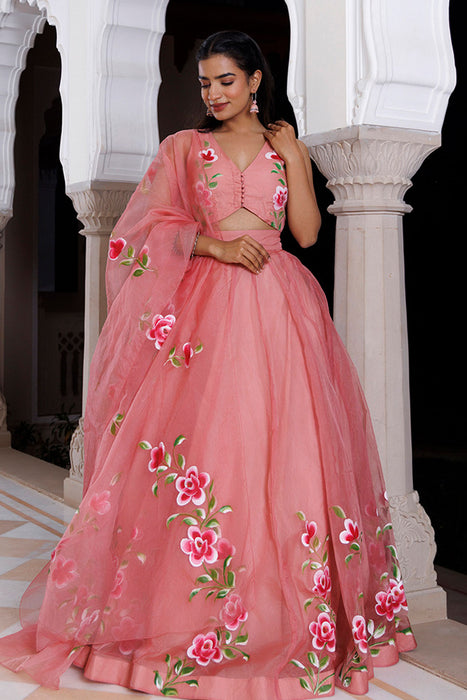 Eleganca in Bloom Pink Handpainted Organza Lehenga Set