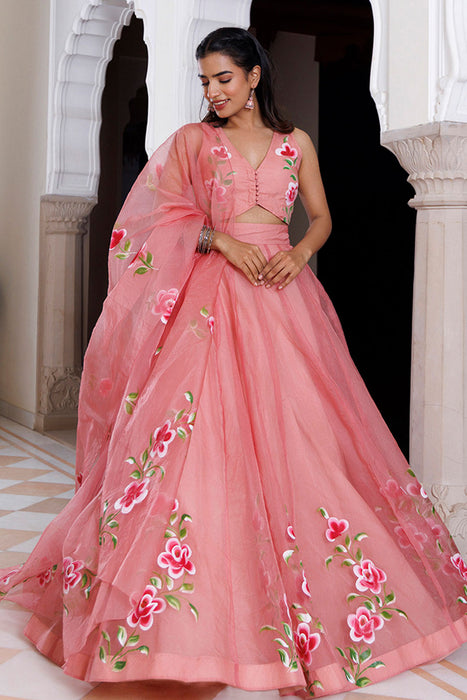 Eleganca in Bloom Pink Handpainted Organza Lehenga Set