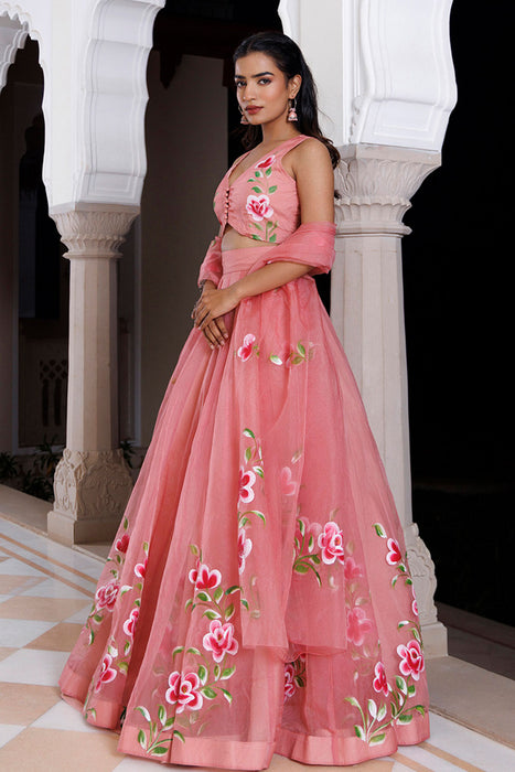 Eleganca in Bloom Pink Handpainted Organza Lehenga Set