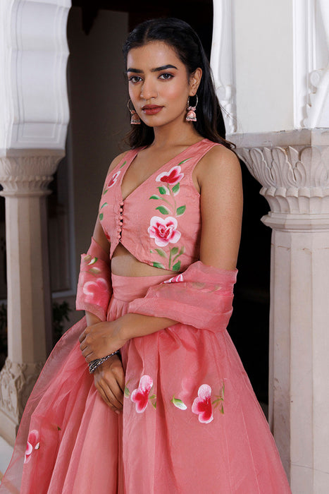 Eleganca in Bloom Pink Handpainted Organza Lehenga Set