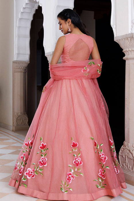Eleganca in Bloom Pink Handpainted Organza Lehenga Set
