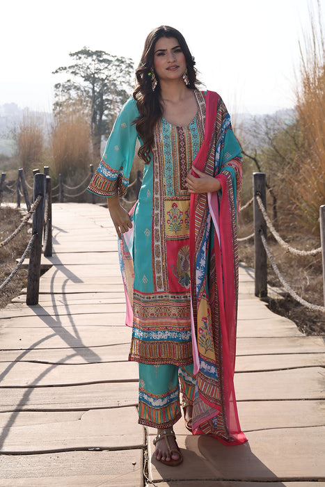 Sea Blue Muslin Kurta Set