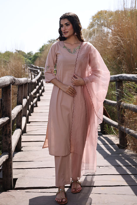 Mother Of Pearl Beige Cotton Embroidered Suit Set