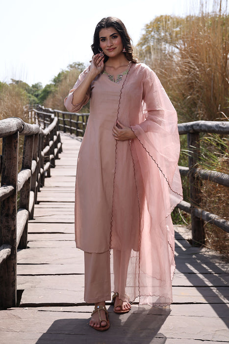 Mother Of Pearl Beige Cotton Embroidered Suit Set