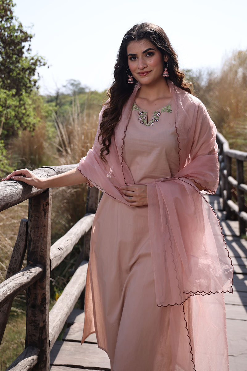 Mother Of Pearl Beige Cotton Embroidered Suit Set