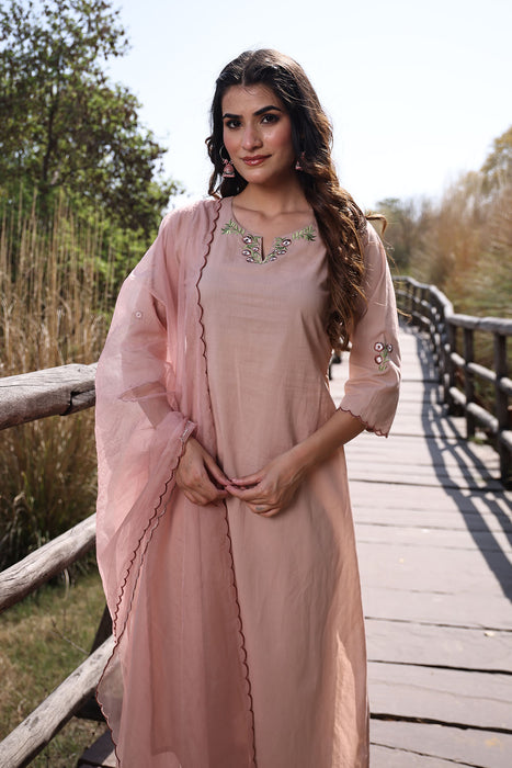 Mother Of Pearl Beige Cotton Embroidered Suit Set