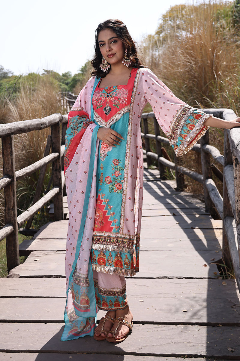 Pool Blue Pink Muslin Kurta Set