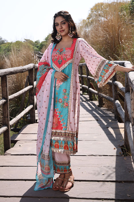 Pool Blue Pink Muslin Kurta Set