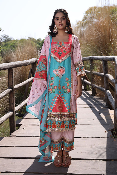 Pool Blue Pink Muslin Kurta Set