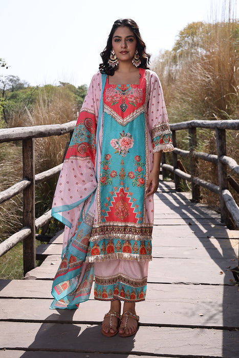 Pool Blue Pink Muslin Kurta Set