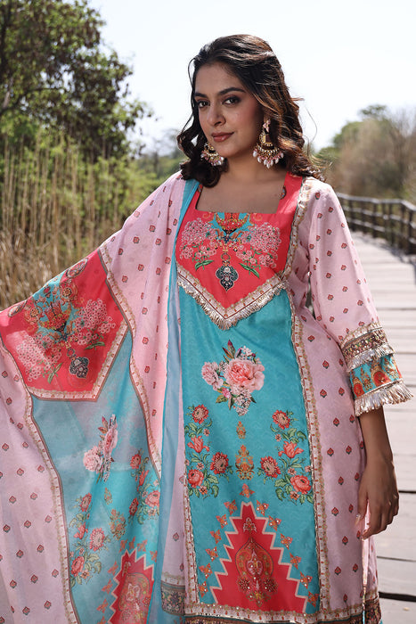 Pool Blue Pink Muslin Kurta Set