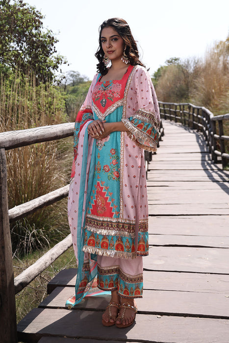 Pool Blue Pink Muslin Kurta Set