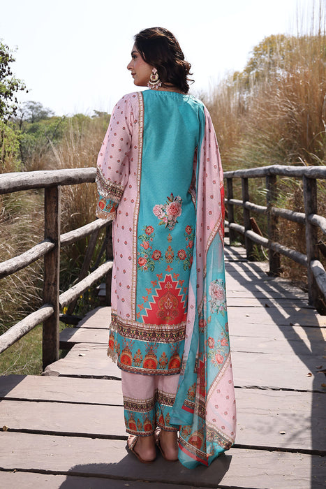Pool Blue Pink Muslin Kurta Set