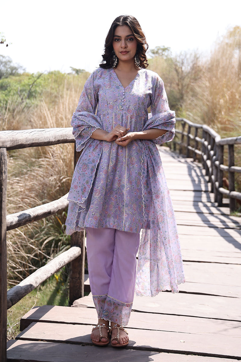 Bright Lilac Purple Chanderi Suit Set