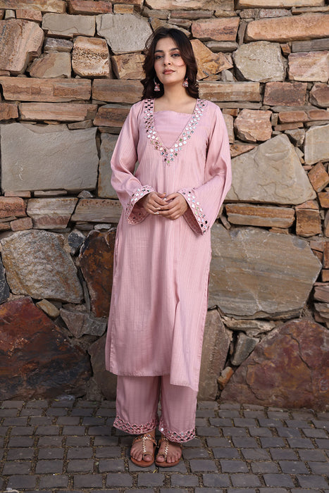 Soft Pink Mirror Work Kurta Set