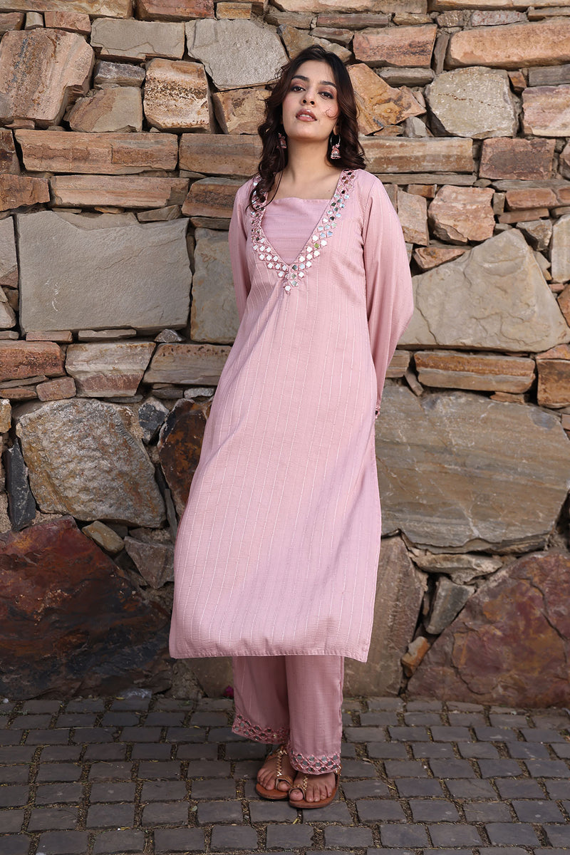 Soft Pink Mirror Work Kurta Set