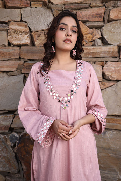 Soft Pink Mirror Work Kurta Set