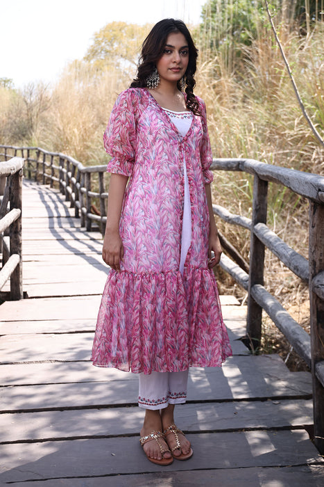 Flamingo Pink Organza Kurta Set