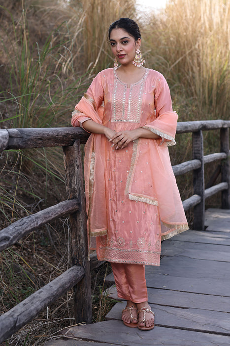 Peach Nectar Embroidered Silk Suit Set
