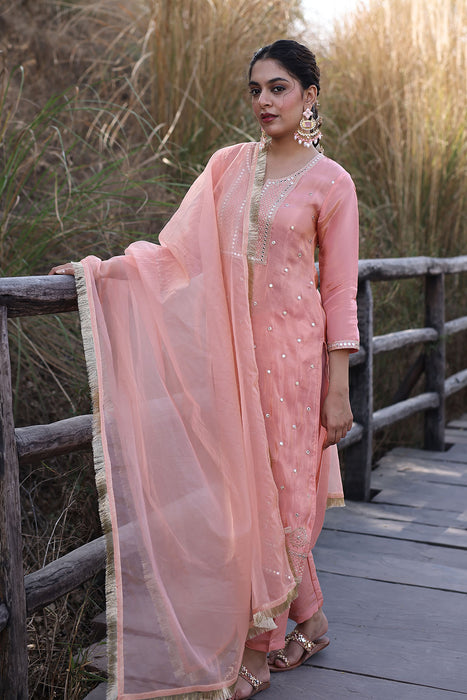 Peach Nectar Embroidered Silk Suit Set