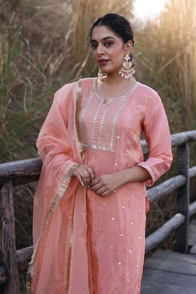 Peach Nectar Embroidered Silk Suit Set