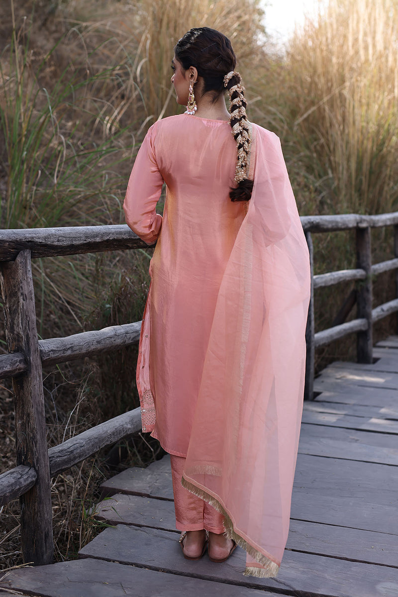 Peach Nectar Embroidered Silk Suit Set