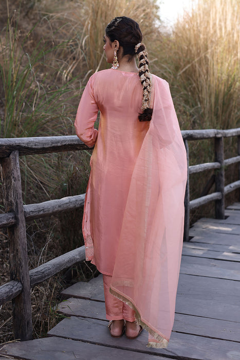 Peach Nectar Embroidered Silk Suit Set