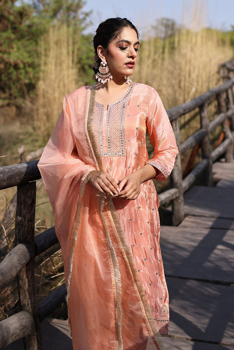 Peach Nectar Embroidered Silk Suit Set