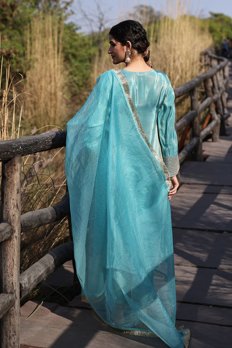 Capri Blue Embroidered Silk Suit Set