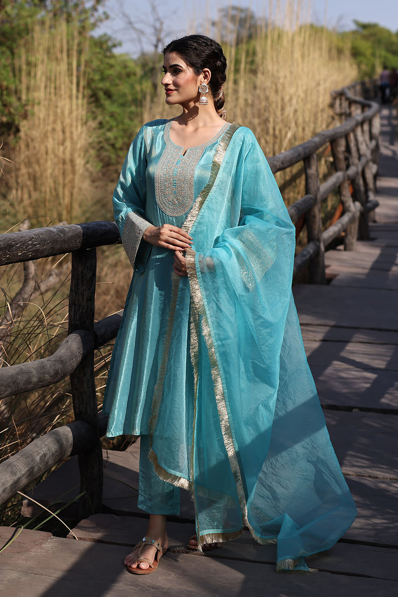 Capri Blue Embroidered Silk Suit Set